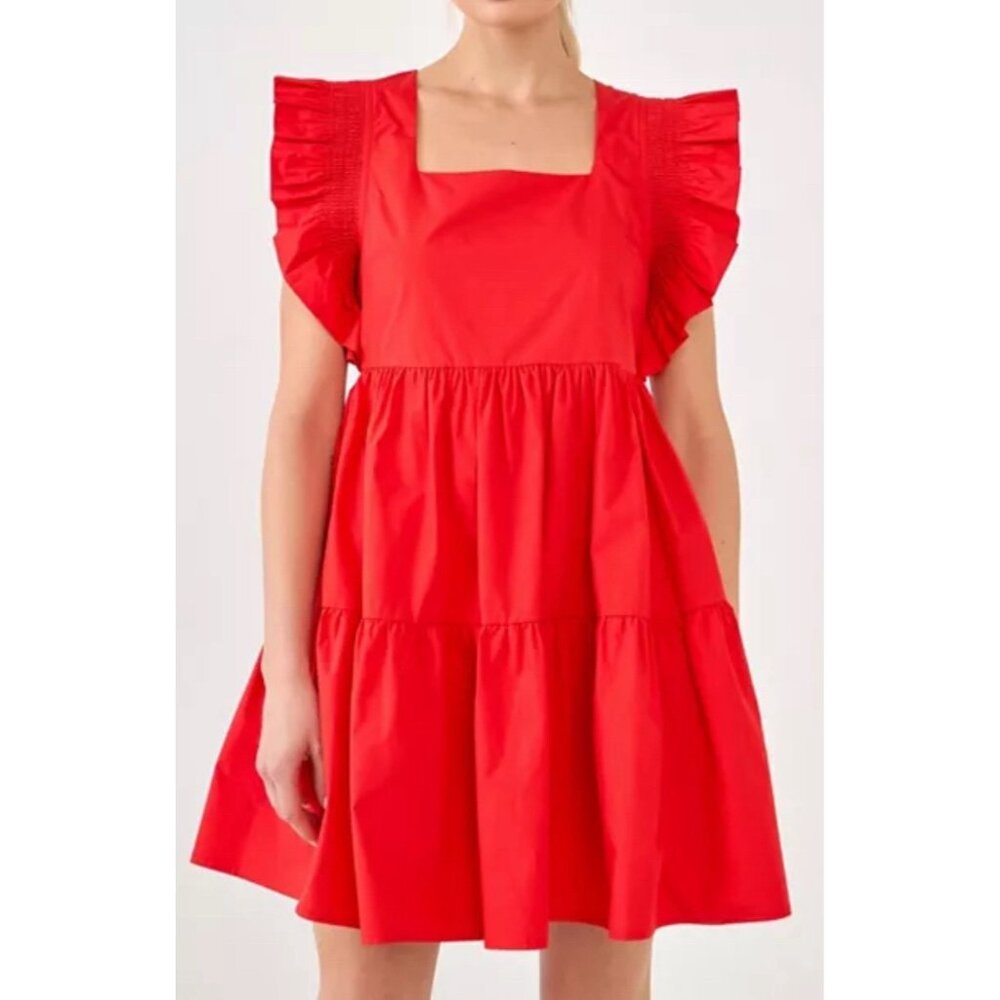 ENGLISH‎ FACTORY Ruffled Mini Dress w/ Smocking Detail Square Neck Red NWT Sz XS